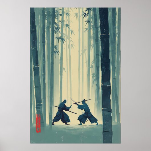 Poster Samurai Bamboo Print Japanese Nature Art (Blue (Devant)