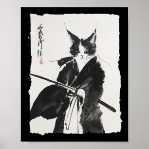 Poster Samurai Cat Tee Vintage Ukiyo-e Guerrier Art Graph