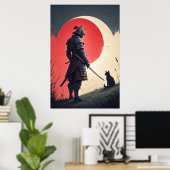 Poster Samurai et chat : Veillée sur la lune (Bureau à domicile)