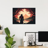 Poster Samurai & Mt Fuji | Lune et cerise fleurs Ai Art (Bureau à domicile)