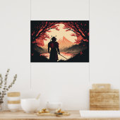 Poster Samurai & Mt Fuji | Lune et cerise fleurs Ai Art (Cuisine)