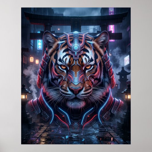 Poster Samurai Tiger Neon Temple (Devant)