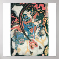 Samurai tuant un démon, peinture japonaise ancienn