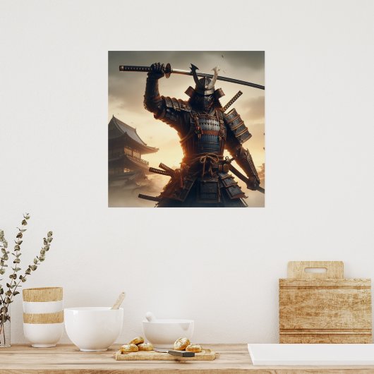 Poster Samurai Warrior en armure noire avec lumière drama (Cuisine)