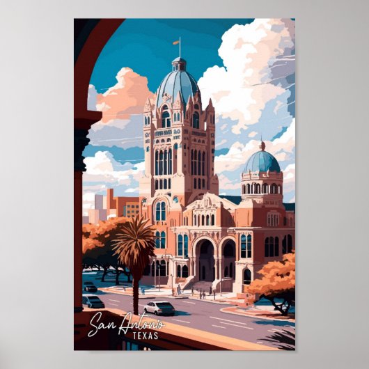 Poster San Antonio Texas Art Vintage Travel Illustration (Devant)