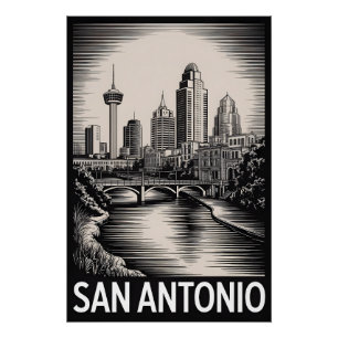 Poster San Antonio Texas Skyline Noir et Blanc Gravure su