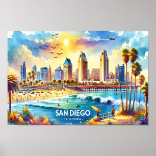 Poster San Diego California Travel Places aquarelle