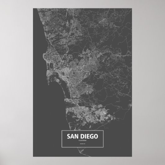 Poster San Diego, Californie (blanc sur noir) (Devant)
