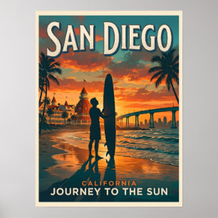 Poster San Diego Californie Coucher de Soleil Surf Voyage