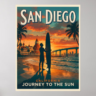Poster San Diego Californie Coucher de Soleil Surf Voyage