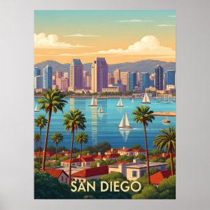 Poster San Diego Californie Rétro Vue Ciel Côtière