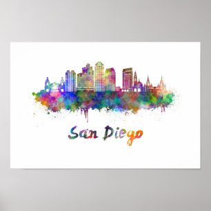 Poster San Diego V2 skyline in watercolor