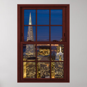 Poster San Fran Skyline à Night Faux Cherry Wood Window