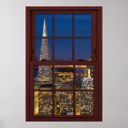 Poster San Fran Skyline à Night Faux Cherry Wood Window (Devant)