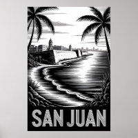 San Juan Porto Rico Gravure sur Bois Noir Blanc