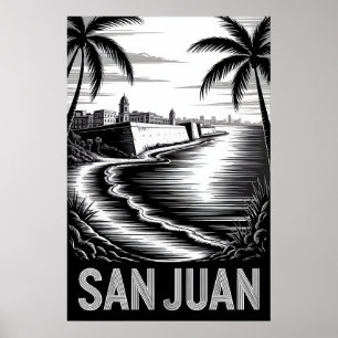 Poster San Juan Porto Rico Gravure sur Bois Noir Blanc