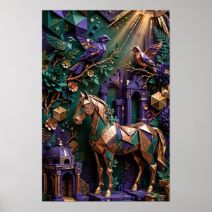 Poster Sanctuaire de cheval en origami émeraude - Cuivre