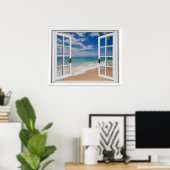 Poster Sandy Beach Ocean Vue Fenêtre Faux (Bureau à domicile)