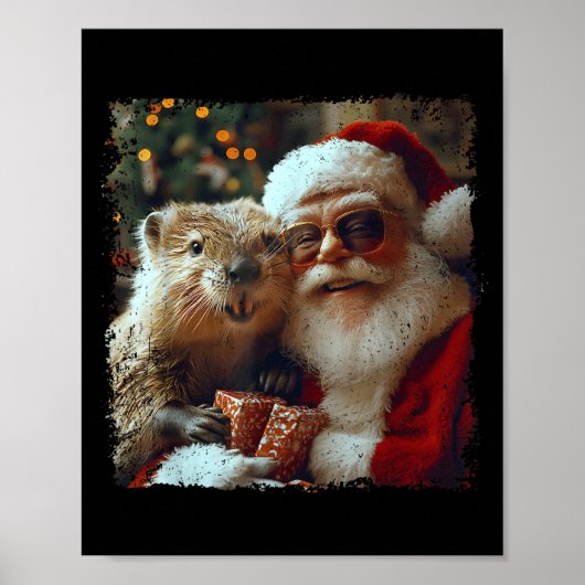 Poster Santa And Beaver Selfie Funny Christmas Design (Devant)