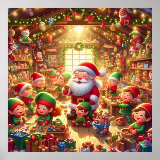 Poster Santa and His Cute Little Elves in His Workshop (Devant)