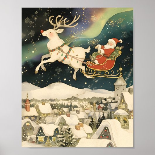 Poster Santa and Reindeer Flying Over Snowy Village (Devant)