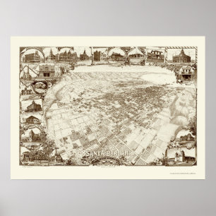 Poster Santa Barbara, carte panoramique de CA - 1898