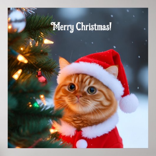 Poster Santa Chat À Côté de l'Arbre de Noël (Devant)