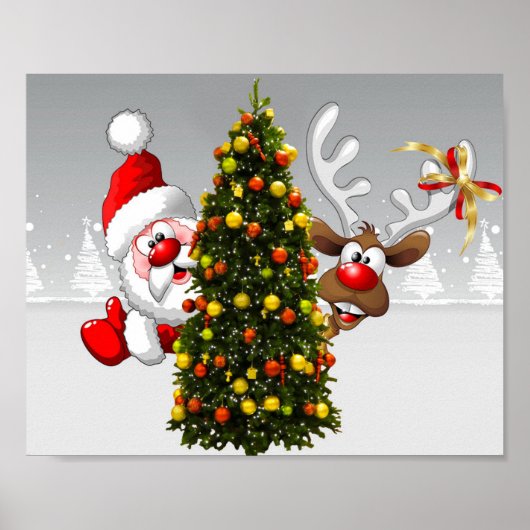Poster Santa claus and reindeer behind a christmas tree.j (Devant)