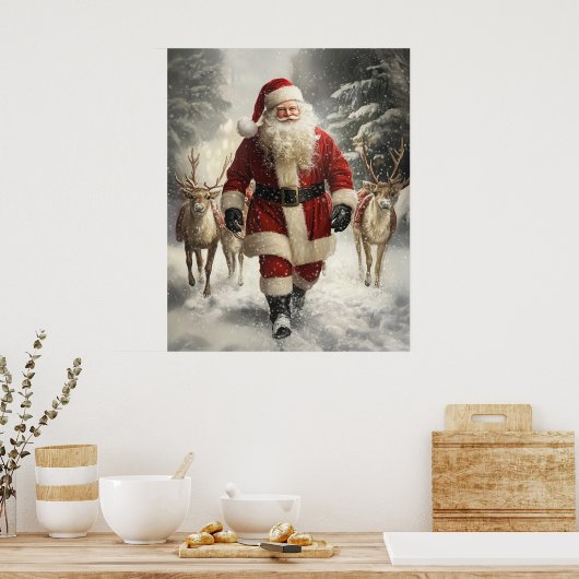 Poster Santa Claus and Reindeer Christmas Wall Art (Cuisine)