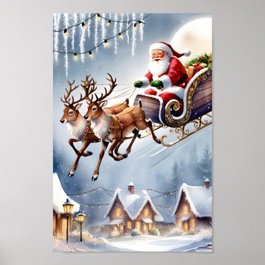 Poster Santa Claus & Reindeer Ride Snowy Scene Wall Art (Devant)