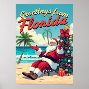 Poster Santa Claus rétro vintage à la plage - Floride