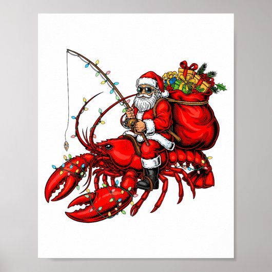 Poster Santa Claus Riding Lobster Lights Christmas Fishin (Devant)