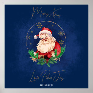 Poster Santa Claus Rouge Bleu mignon Vintage Joyeux Noël