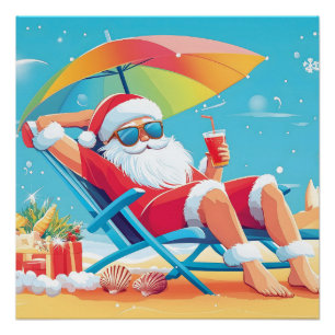 Poster Santa Claus Se détendre sur une plage tropicale