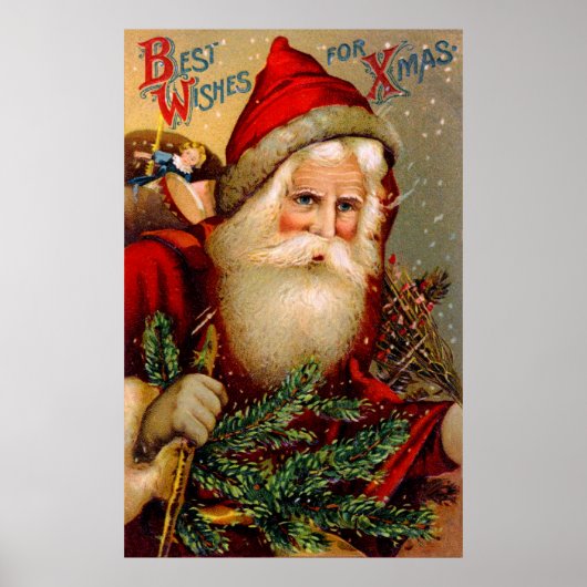 Poster Santa Claus vintage avec bâton de marche (Devant)