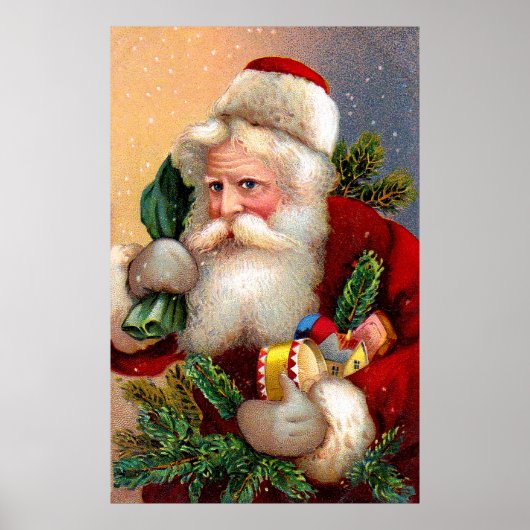 Poster Santa Claus vintage avec jouets et brindilles (Devant)