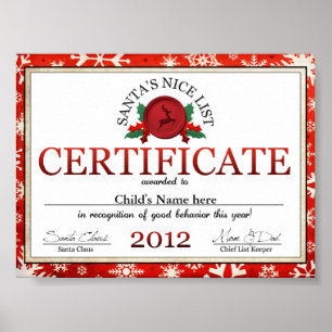 Poster Santa Clause Nice Liste Certificat d'enfant