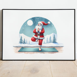 Poster Santa Clause Yoga entraînement aquarelle