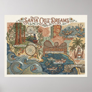 Poster Santa Cruz California Dreams Carte UCSC Surf