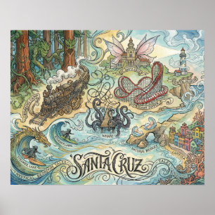 Poster Santa Cruz Californie Carte Illustrée Mythique