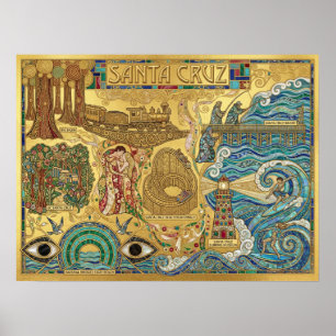 Poster Santa Cruz Californie Mosaïque Carte Jetée Plage