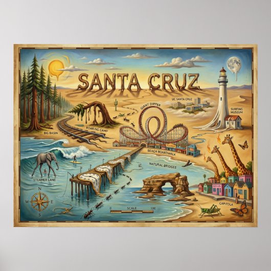 Poster Santa Cruz Pop Art Map – Bold Coastal Landmark (Devant)