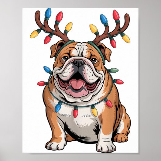 Poster Santa English Bulldog Reindeer Light Christmas  (Devant)