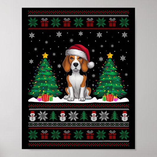 Poster Santa Hat Chien Beagle Noël Lumières Arbre Vilain (Devant)