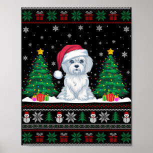 Poster Santa Hat Chien Maltais Noël Les lumières de l'arb