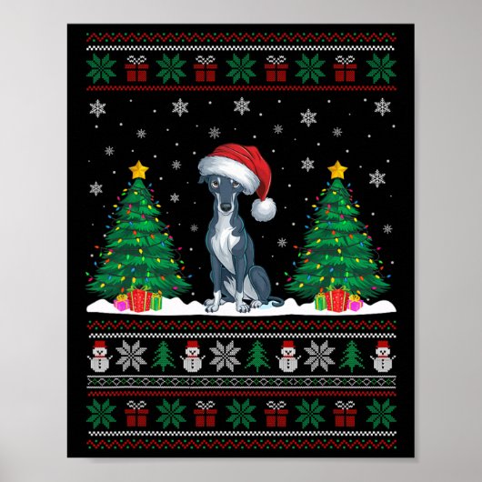 Poster Santa Hat Greyhound Chien Noël Lumières des arbres (Devant)