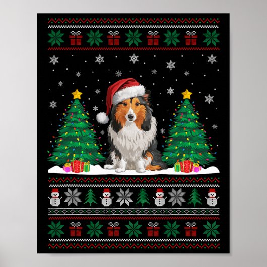Poster Santa Hat Shetland Sheepdog Chien Xmas Tree Light  (Devant)