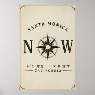 Poster Santa Monica Californie Coordonnées Design Vintage