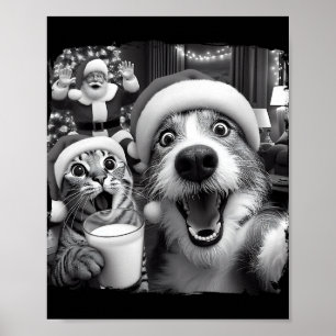 Poster Santa Noël Chat Drôle Prenant Selfie Raton laveur