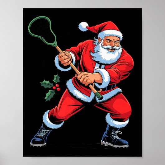 Poster Santa Playing Lacrosse Funny Holiday Christmas Xma (Devant)
